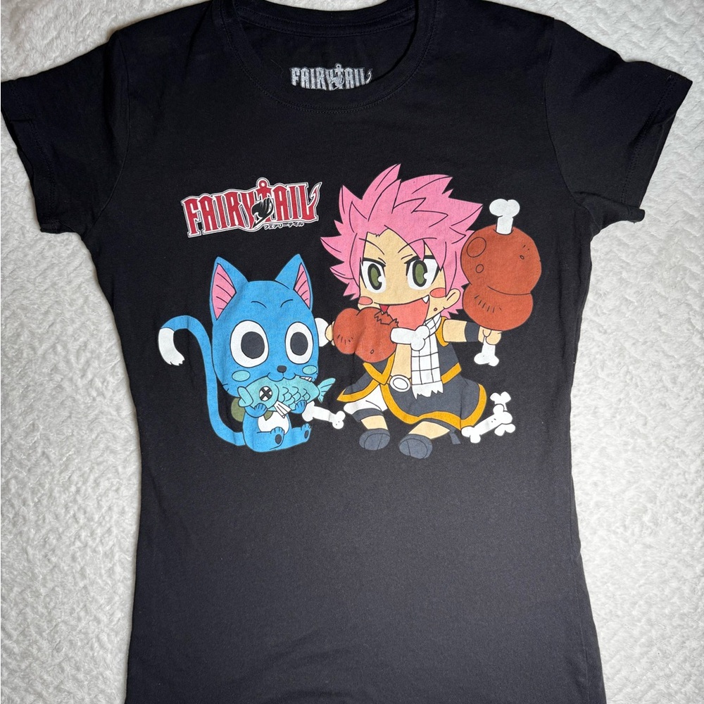 Fairy Tail Chibi Tee - Natsu & Happy Eating EUC Medium Anime